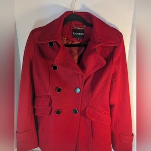 Express Red Double Breasted Mid-Length, Pea Coat, Size Small Wool Jacket Pockets